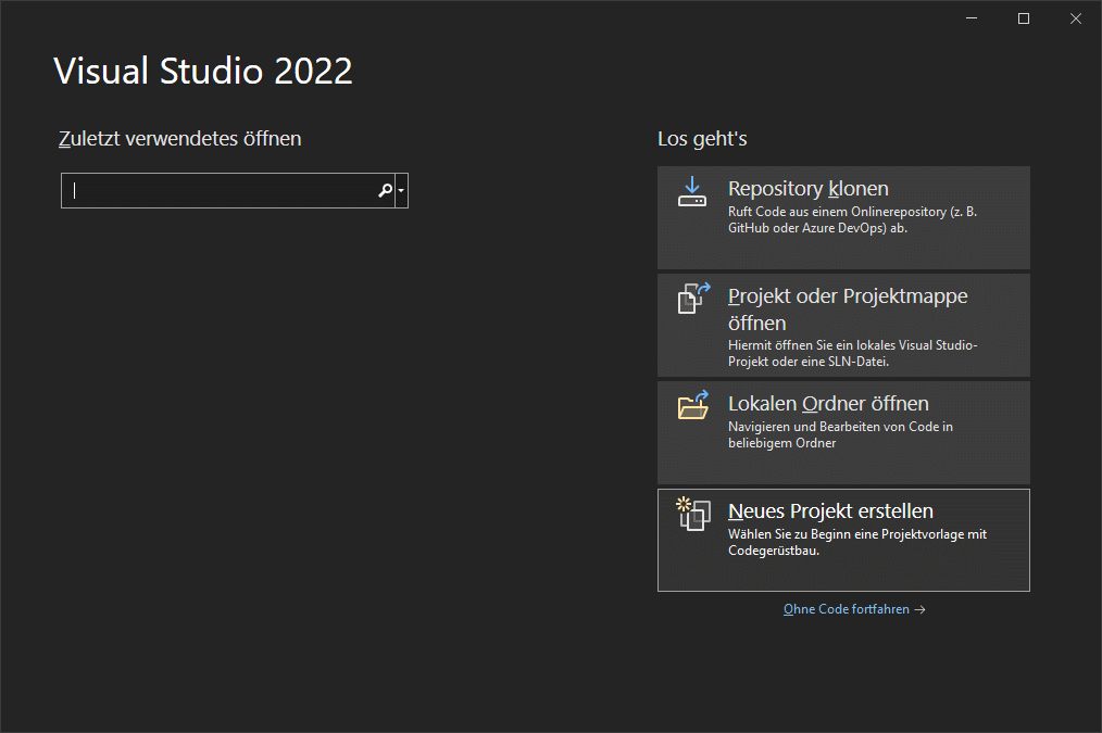 Neues Projekt unter Visual Studio 2022