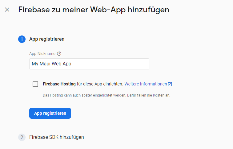 Neue Web App registrieren